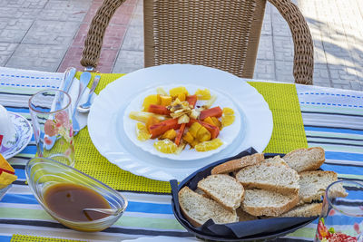 High angle view of breakfast served on table