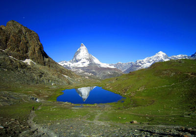 Scenic view of snowcapped mountains against clear blue sky