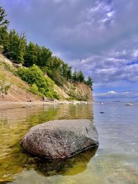 Scenic view of rocks by sea against sky