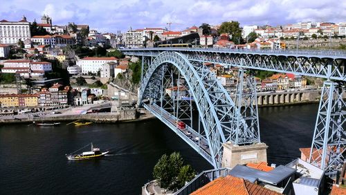 Bridge over river in city against sky