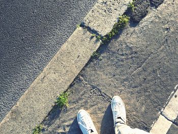 Low section of man walking on road