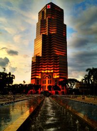 Buildings in city at sunset