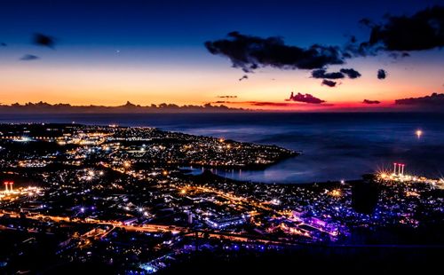 Scenic view of sea by illuminated city against sky at sunset