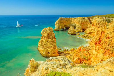 Scenic view of sea and rock formations against sky