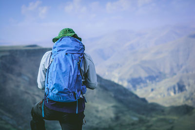 Rear view of man looking at mountains