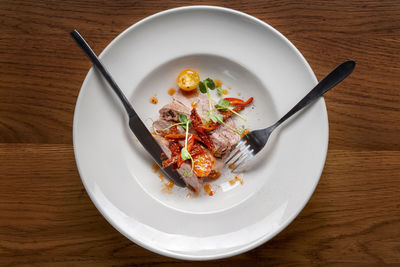 High angle view of food in plate on table