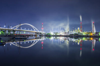 Illuminated bridge over river at night