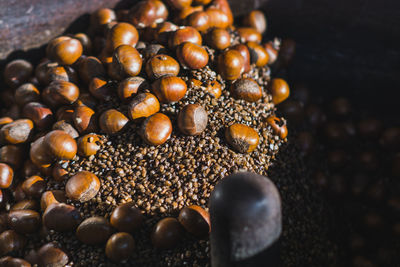 High angle view of roasted chestnuts