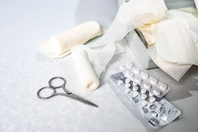 High angle view of dental equipment on table