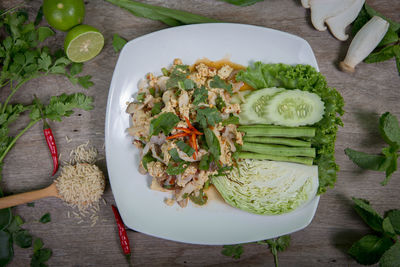 High angle view of meal served on table