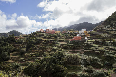 Panoramic view of trees and mountains against sky