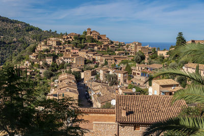 High angle view of townscape against sky