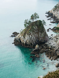 High angle view of rock formation in sea against sky