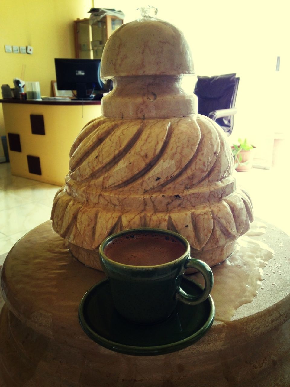 indoors, still life, table, food and drink, coffee cup, close-up, no people, drink, day, sitting, home interior, container, cup, refreshment, art, art and craft, coffee, creativity, focus on foreground, food