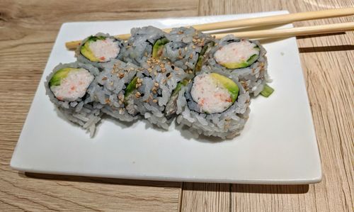 Close-up of sushi in plate on table