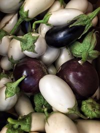 Full frame shot of various eggplants for sale at market