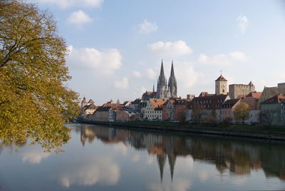 River by buildings against sky in city