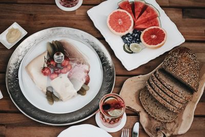 High angle view of breakfast served on table