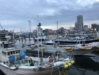 Boats moored at harbor