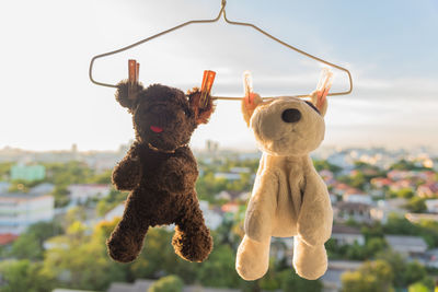 Close-up of stuffed toys hanging on coathanger against sky