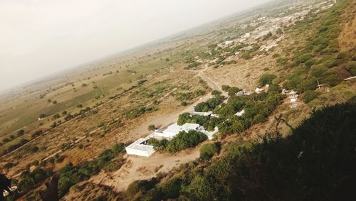 High angle view of land against sky