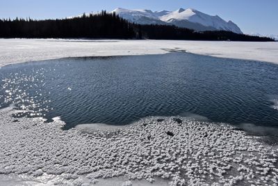 Scenic view of lake against sky during winter