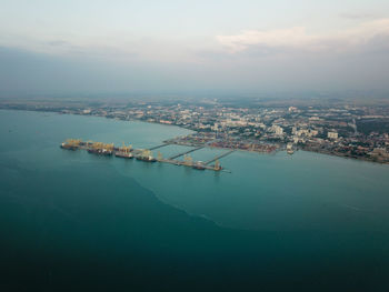 Aerial view green sea at container terminal butterworth.