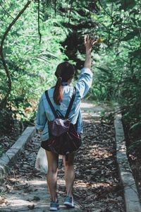 Rear view of woman walking in forest