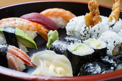 Close-up of sushi served in plate