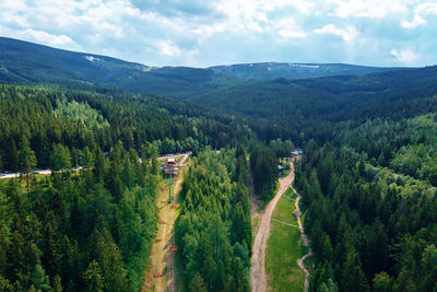 Aerial view of mountains with open cable cars lift, karpacz, poland