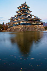 View of temple building by lake