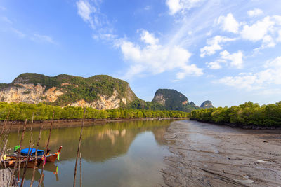 Scenic view of lake and mountains against sky