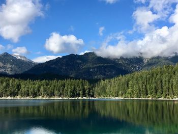 Scenic view of lake by trees against sky