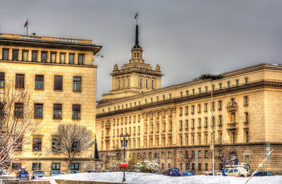 Buildings in city during winter