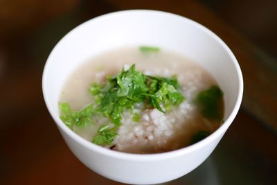 High angle view of soup in bowl on table