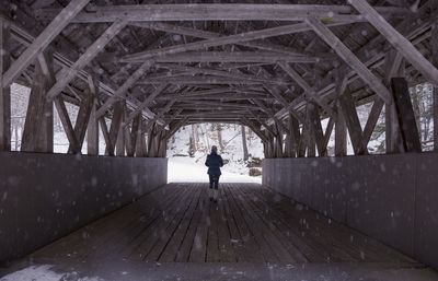 Rear view of person standing on bridge in city