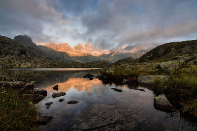 Scenic view of lake and mountains against sky