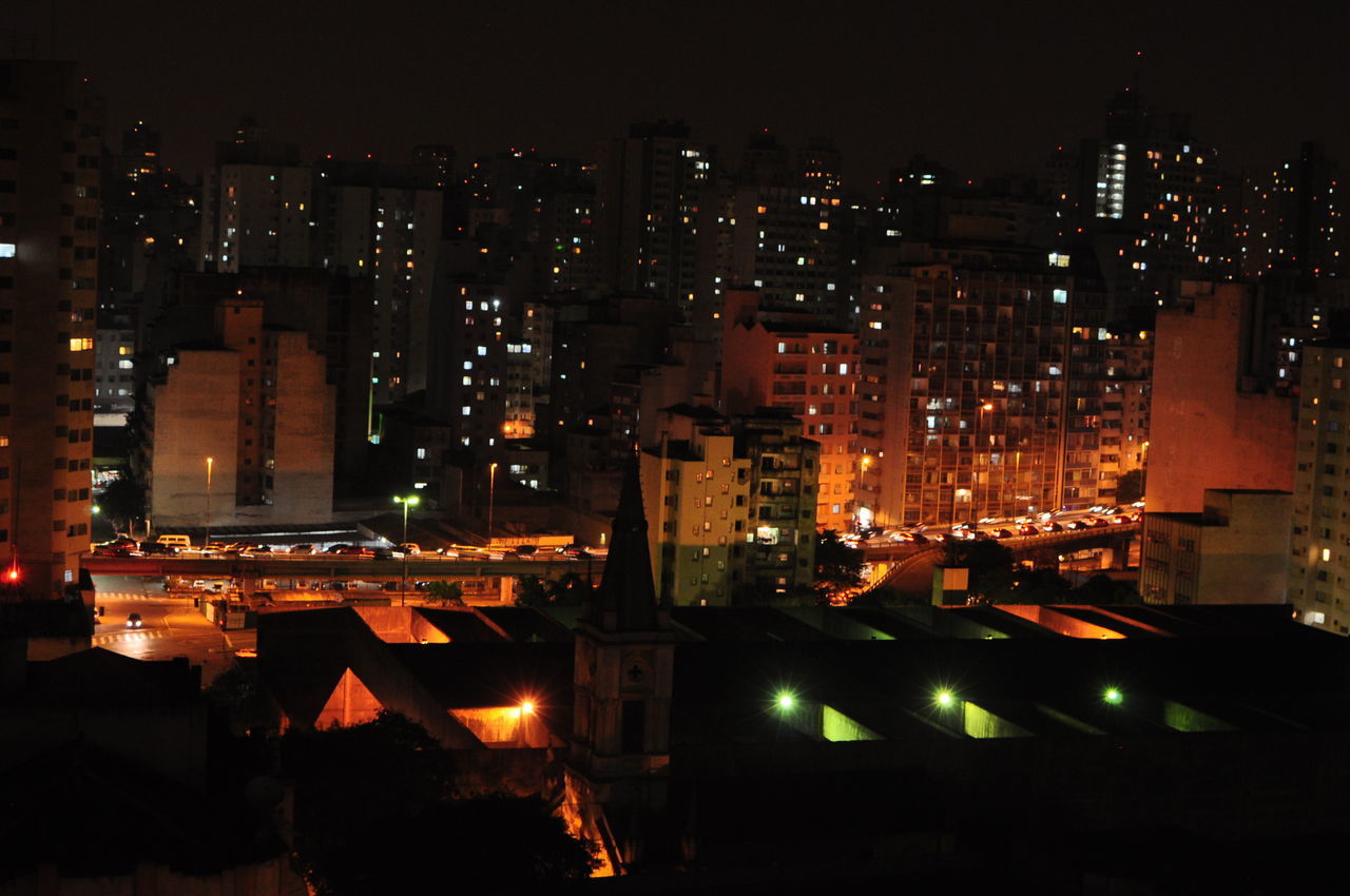 HIGH ANGLE VIEW OF ILLUMINATED BUILDINGS IN CITY