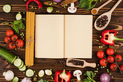 High angle view of fruits and vegetables in kitchen