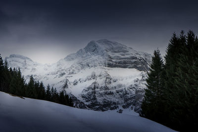 Scenic view of snow covered mountains against sky