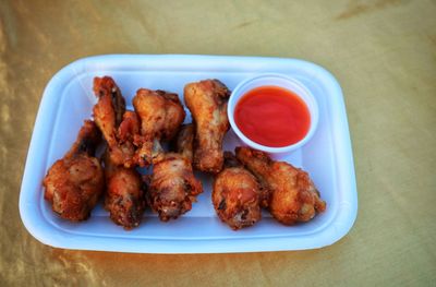 High angle view of food in plate on table