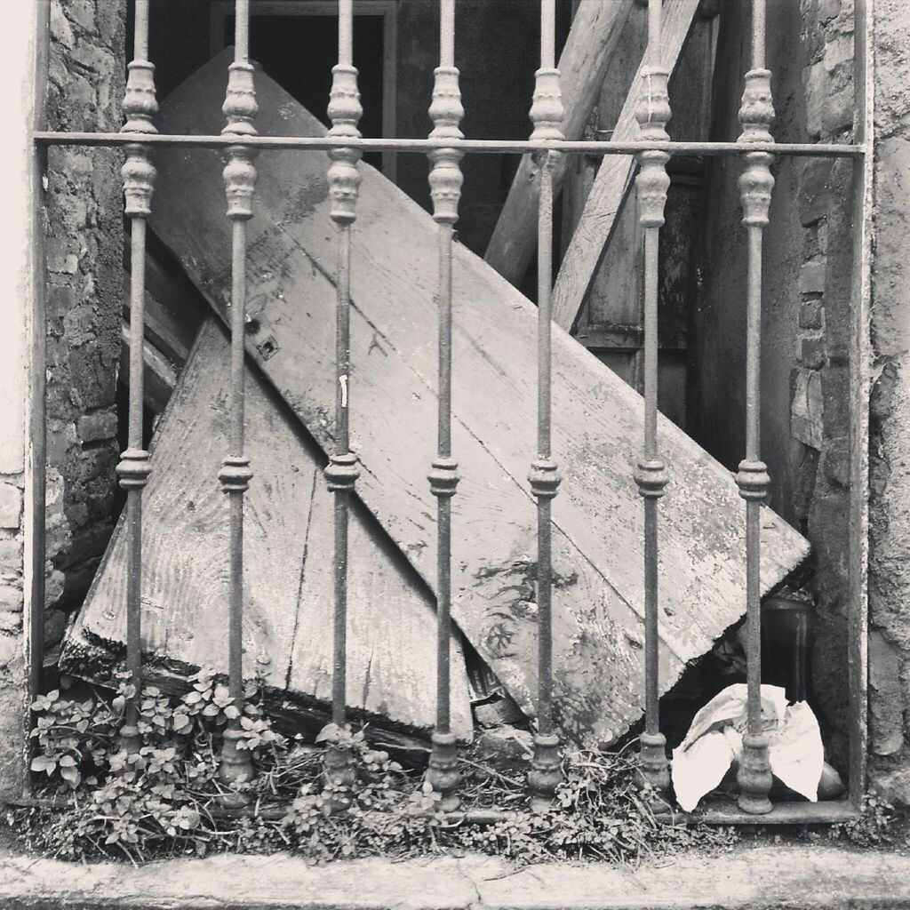 built structure, architecture, building exterior, metal, protection, safety, day, security, fence, outdoors, railing, old, pipe - tube, building, metallic, door, house, no people, wall - building feature, abandoned