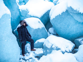 High angle view of man in snow