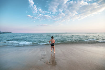 Rear view of man on beach against sky