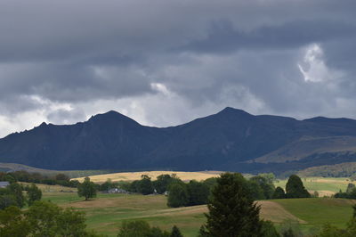 Scenic view of mountains against cloudy sky