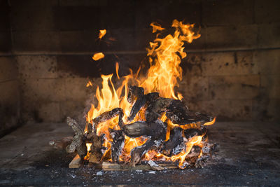 Close-up of burning wood in fireplace