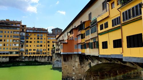 Buildings by river against sky in city