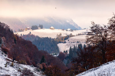 Scenic view of snow covered mountains against sky