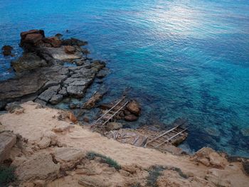 High angle view of rocks on beach