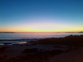 Scenic view of beach against sky during sunset